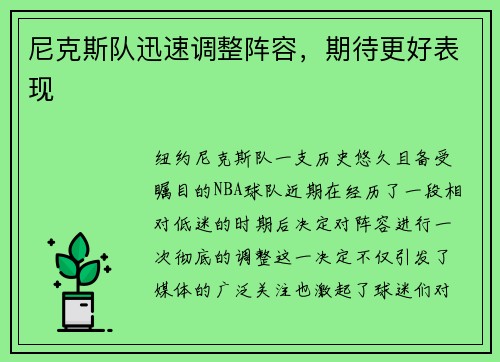 尼克斯队迅速调整阵容，期待更好表现